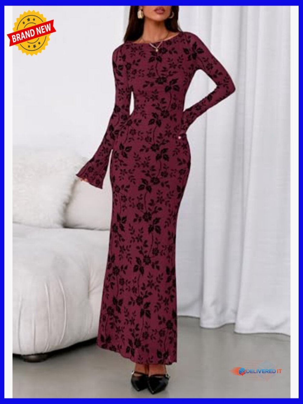 Floral Bodycon Maxi Dress Long Sleeve Boat Neck Stretch Formal - Picture 2 of 7
